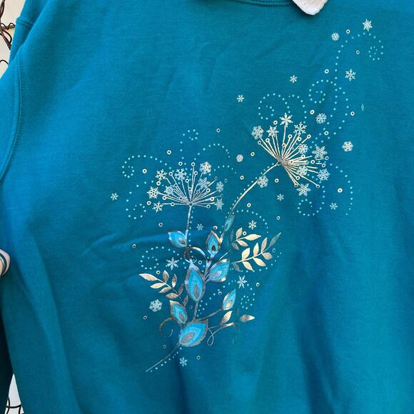 Vintage 90s Morning Sun Teal Dandelion Snowflakes in the Wind Sweatshirt MEDIUM - Picture 2 of 6
